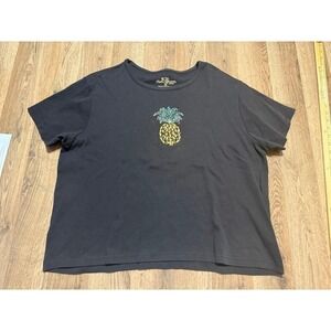 Palm Grove Woman T-Shirt Womens 1X Black Pineapple Studded Rhinestone Cotton